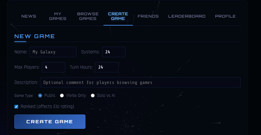 Game creation dashboard